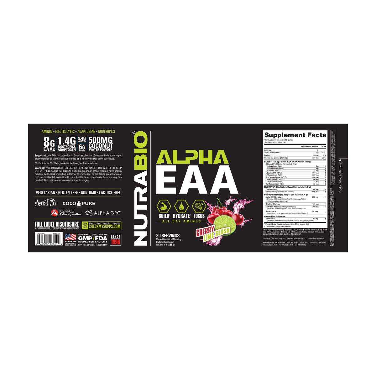 NutraBio Alpha EAA – 30 Servings — Supplement Facts 15 — complete label