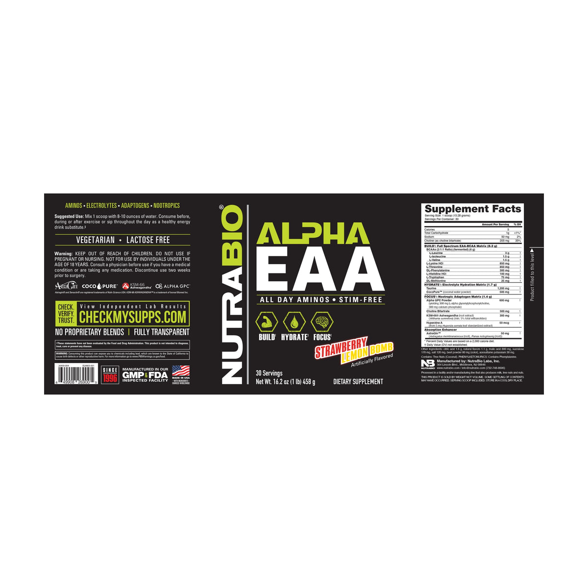 NutraBio Alpha EAA – 30 Servings — Supplement Facts 16 — complete label