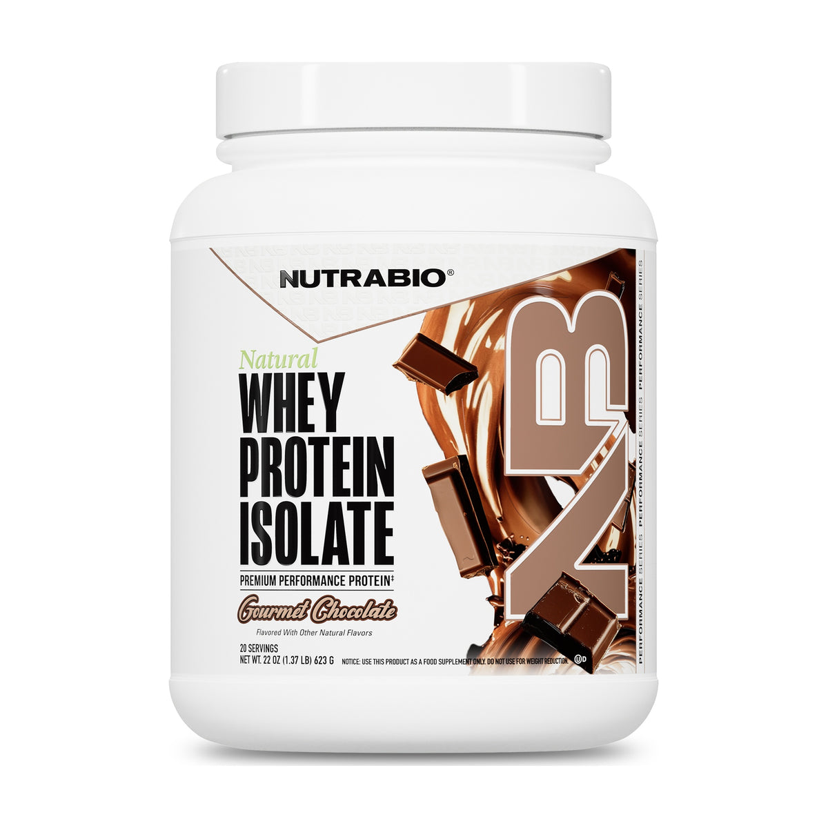 NutraBio Natural Whey Protein Isolate — Gourmet Chocolate — product container