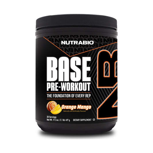 NutraBio Base Pre-Workout Orange Mango bottle on a white background