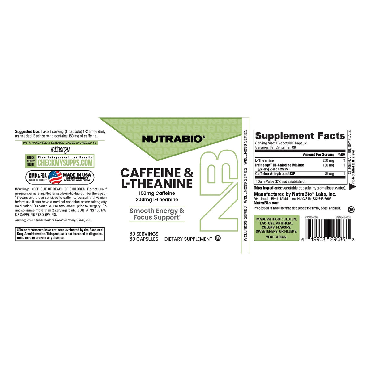 NutraBio Caffeine & L-Theanine, 60 capsules — full label with ingredients, directions and warnings
