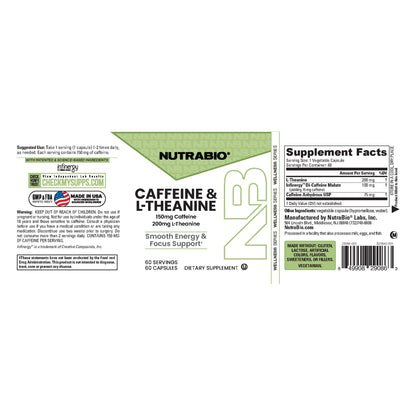 NutraBio Caffeine & L-Theanine, 60 capsules — full label with ingredients, directions and warnings