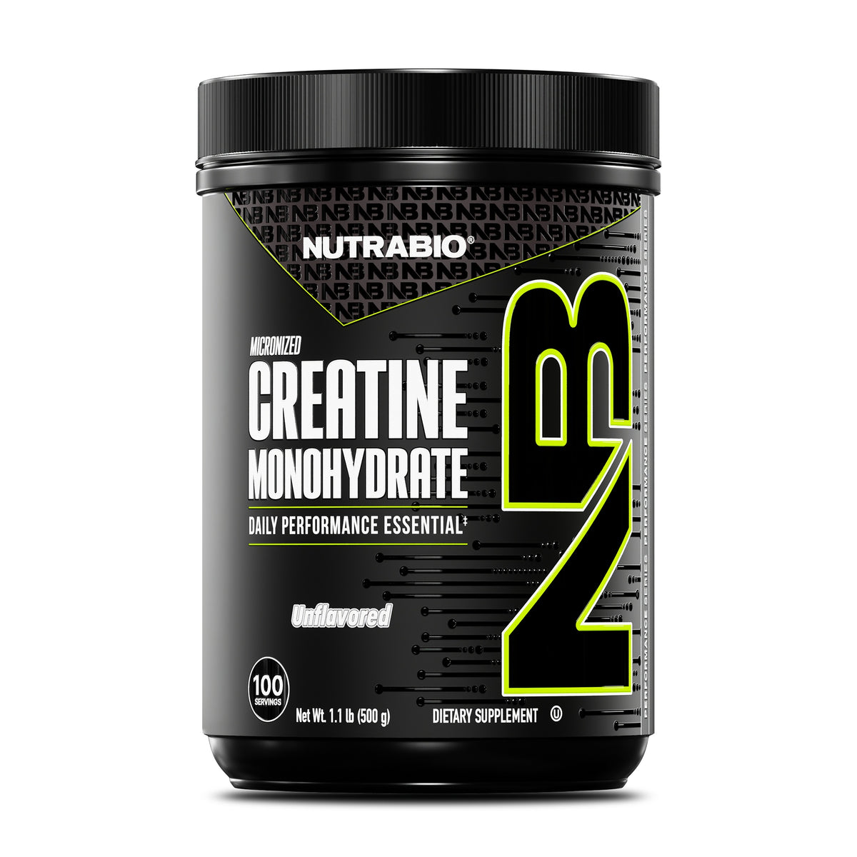 NutraBio Creatine Monohydrate 500g 100 Servings – bottle on a white background