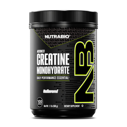 NutraBio Creatine Monohydrate 500g 100 Servings – bottle on a white background