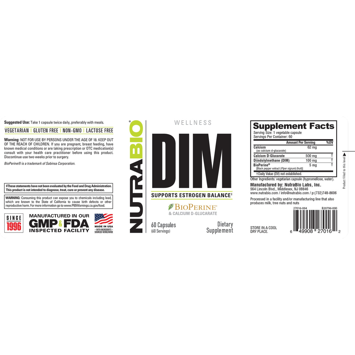 NutraBio DIM with Calcium D-Glucarate – Full label and Supplement Facts