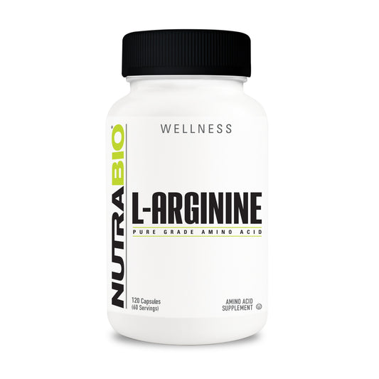 NutraBio L-Arginine 750mg 120 Capsules – bottle on a white background