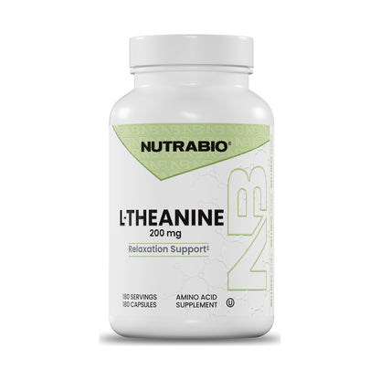NutraBio L-Theanine 200 mg bottle, 180 vegetable capsules