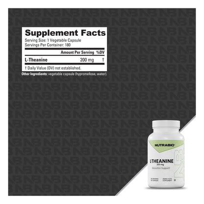 NutraBio L-Theanine Supplement Facts, 200 mg per capsule and 180 servings