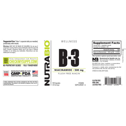 NutraBio Niacinamide B3 500mg – Full label and Supplement Facts