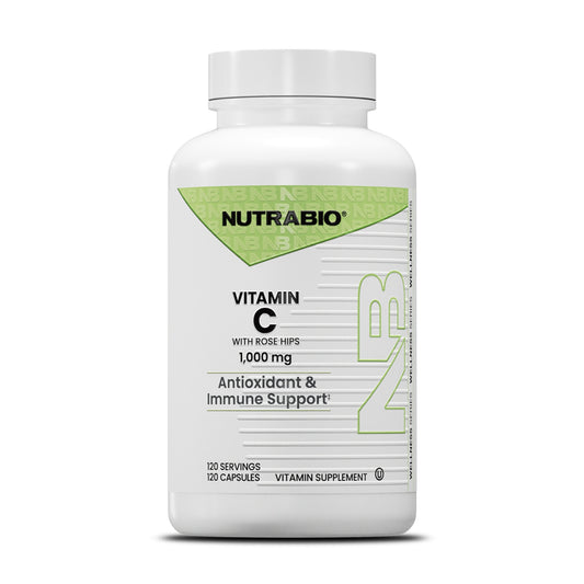 NutraBio Vitamin C with Rose Hips 120 Capsules – bottle on a white background