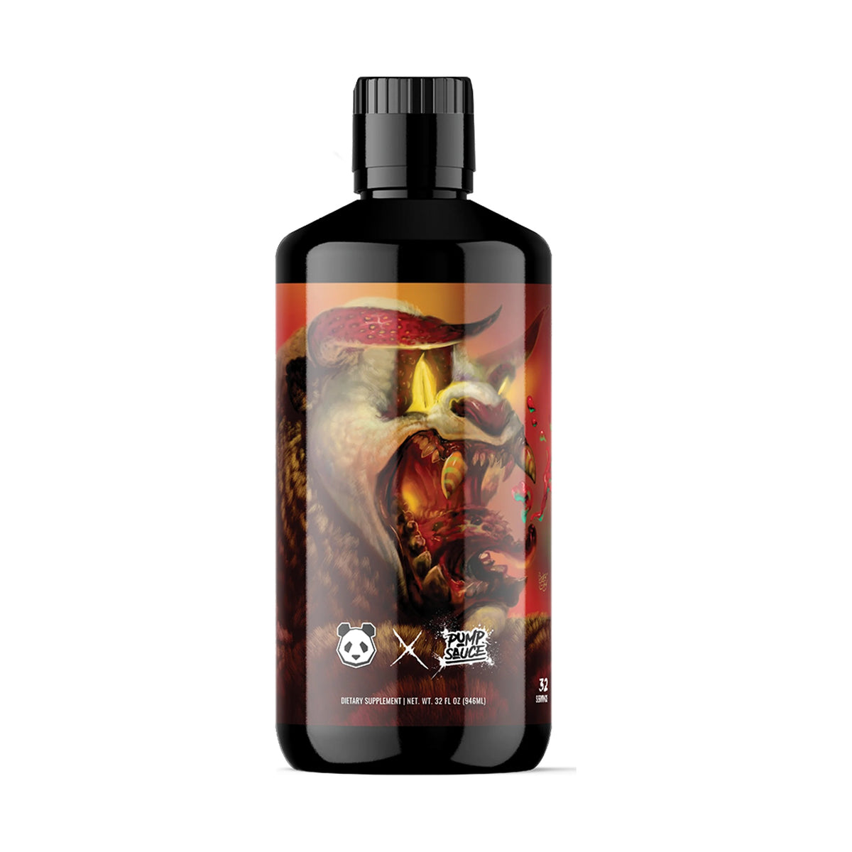 Panda Supps x Pump Sauce Liquid Pre-Workout Sour Strawberry Cherry Mango Candy on a white background