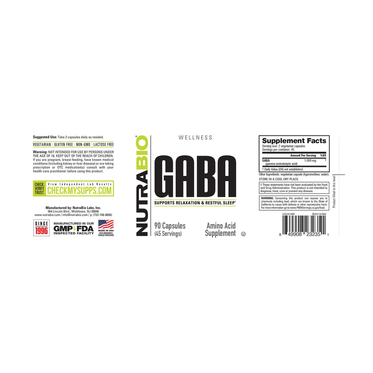 NutraBio GABA 500mg – 90 Capsules — Supplement Facts 2 — full label