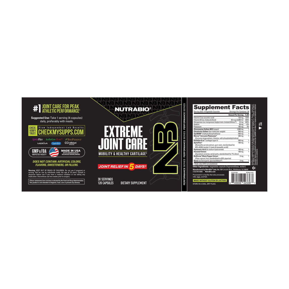 NutraBio Extreme Joint Care – 120 Capsules — Supplement Facts 2 — full label