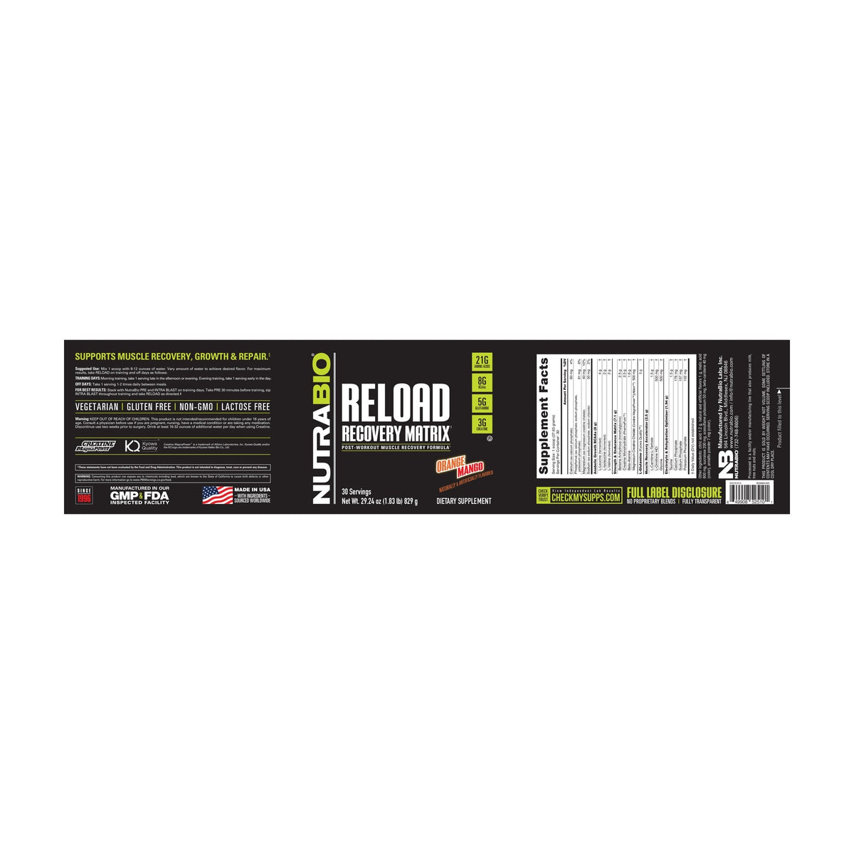 NutraBio Reload – 30 Servings — Supplement Facts 6 — full label