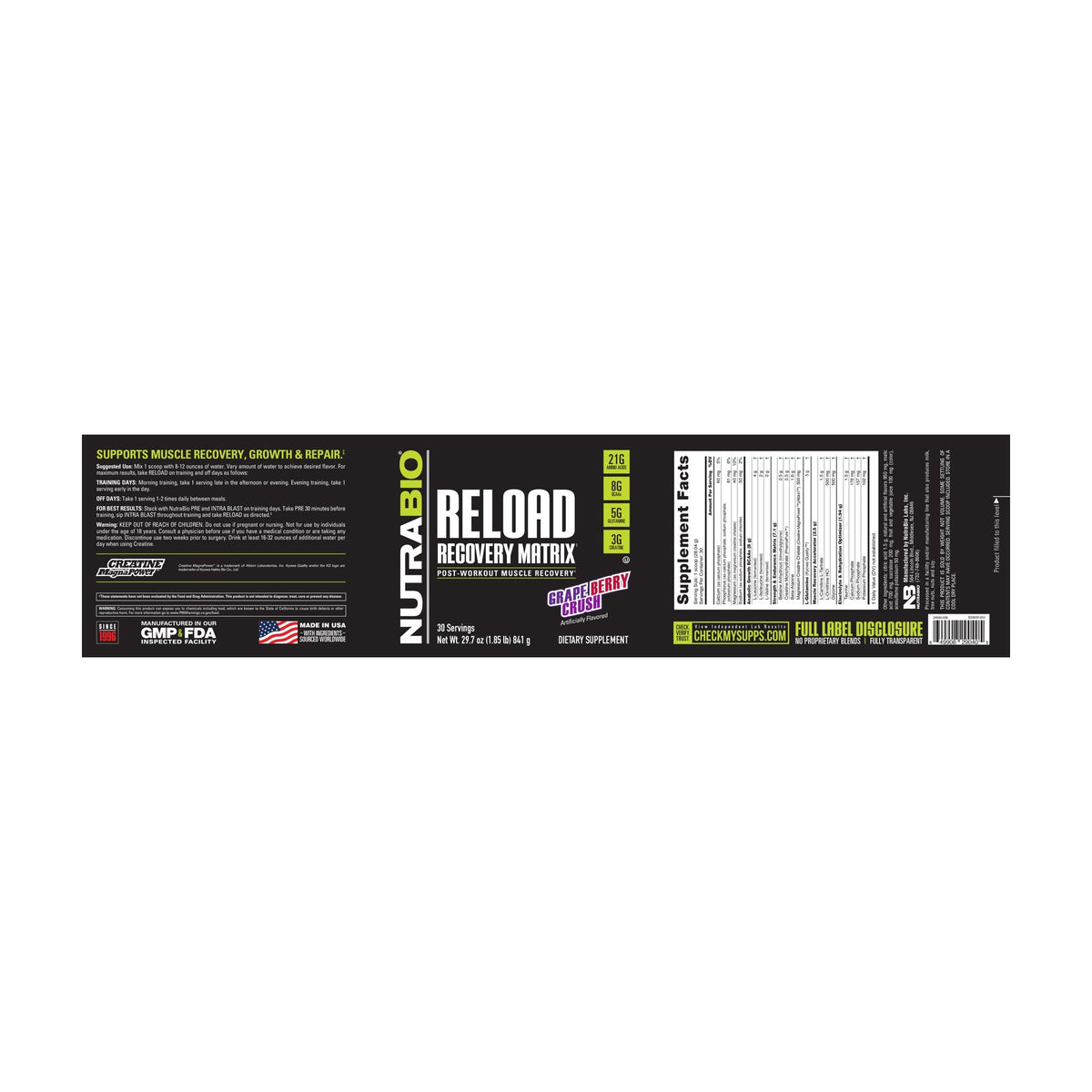 NutraBio Reload – 30 Servings — Supplement Facts 8 — full label