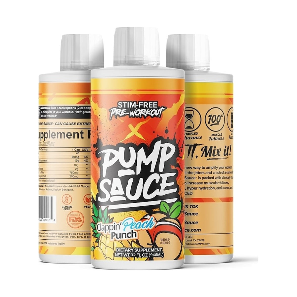 Pump Sauce Stim-Free Liquid Pre-Workout Clappin' Peach Punch on a white background