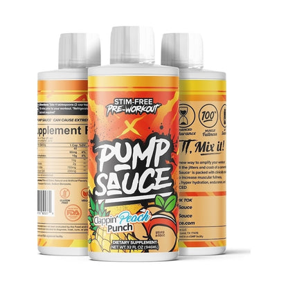 Pump Sauce Stim-Free Liquid Pre-Workout Clappin' Peach Punch on a white background