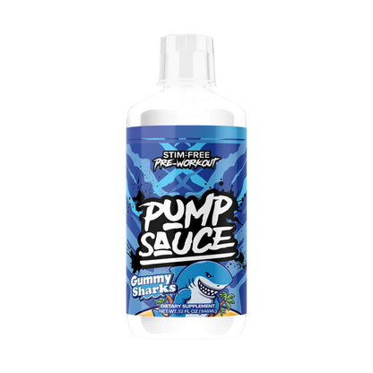 Pump Sauce Stim-Free Liquid Pre-Workout Gummy Sharks on a white background
