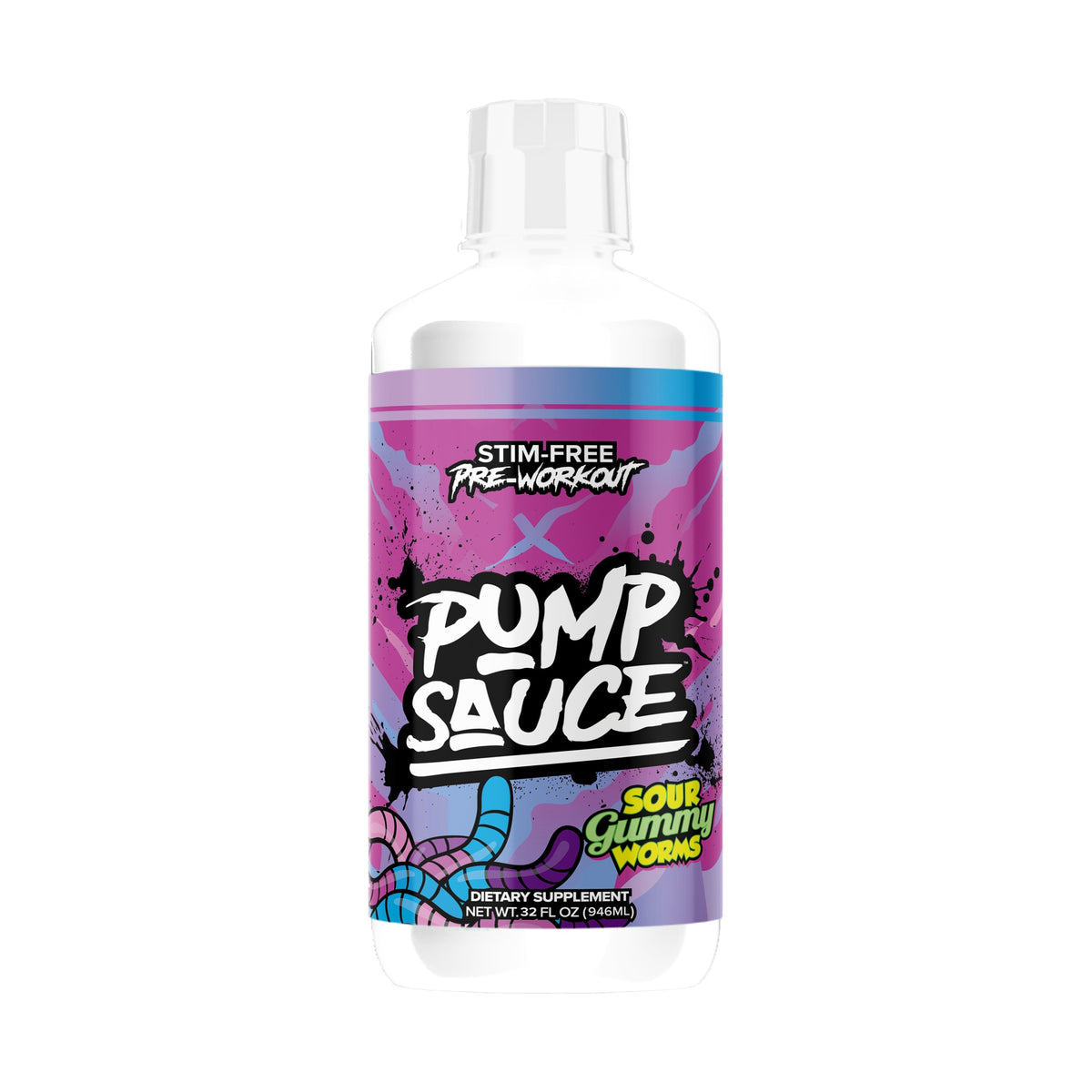 Pump Sauce Stim-Free Liquid Pre-Workout Sour Gummy Worms on a white background