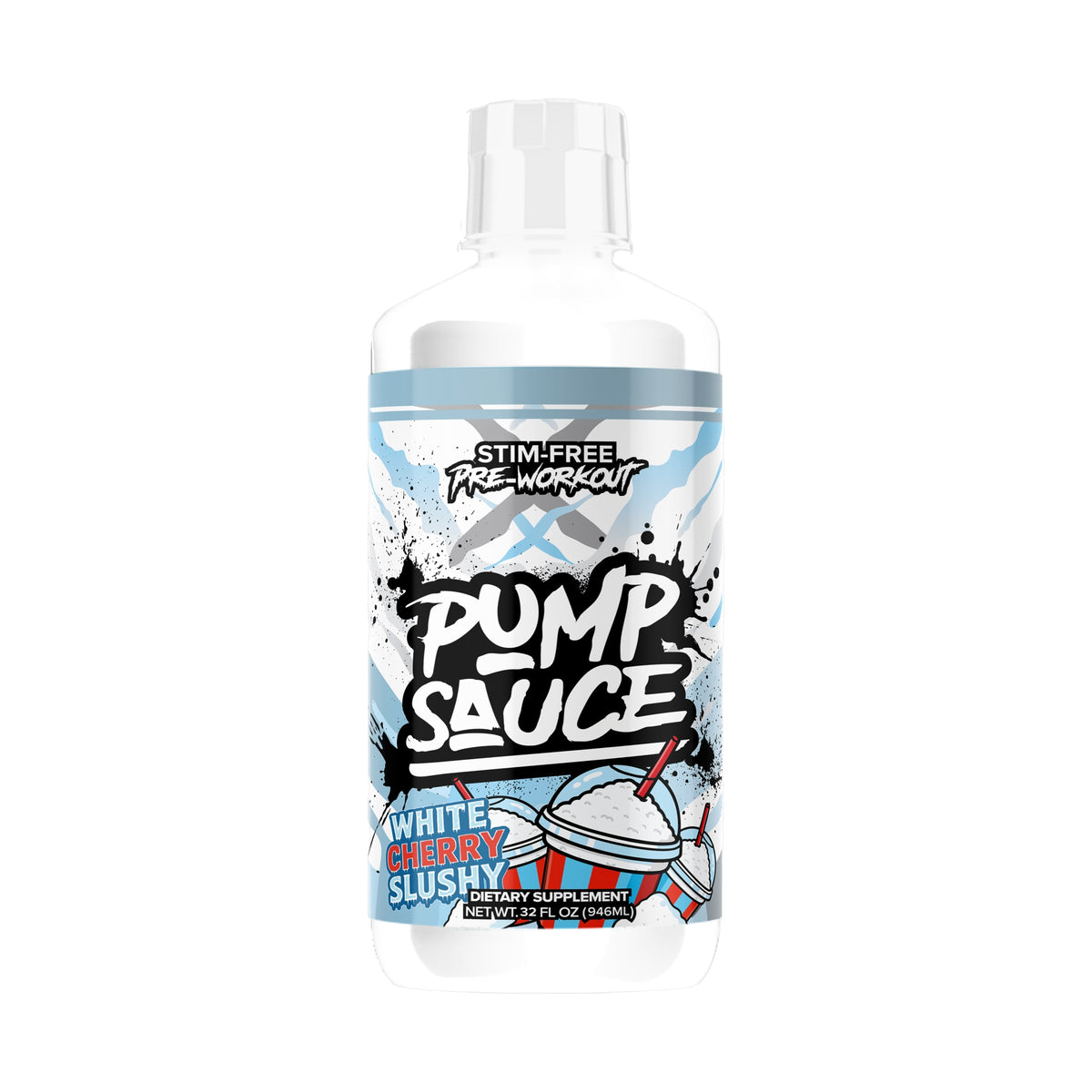 Pump Sauce Stim-Free Liquid Pre-Workout White Cherry Slushy on a white background