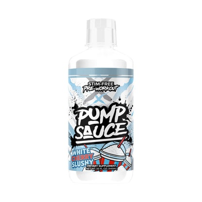 Pump Sauce Stim-Free Liquid Pre-Workout White Cherry Slushy on a white background