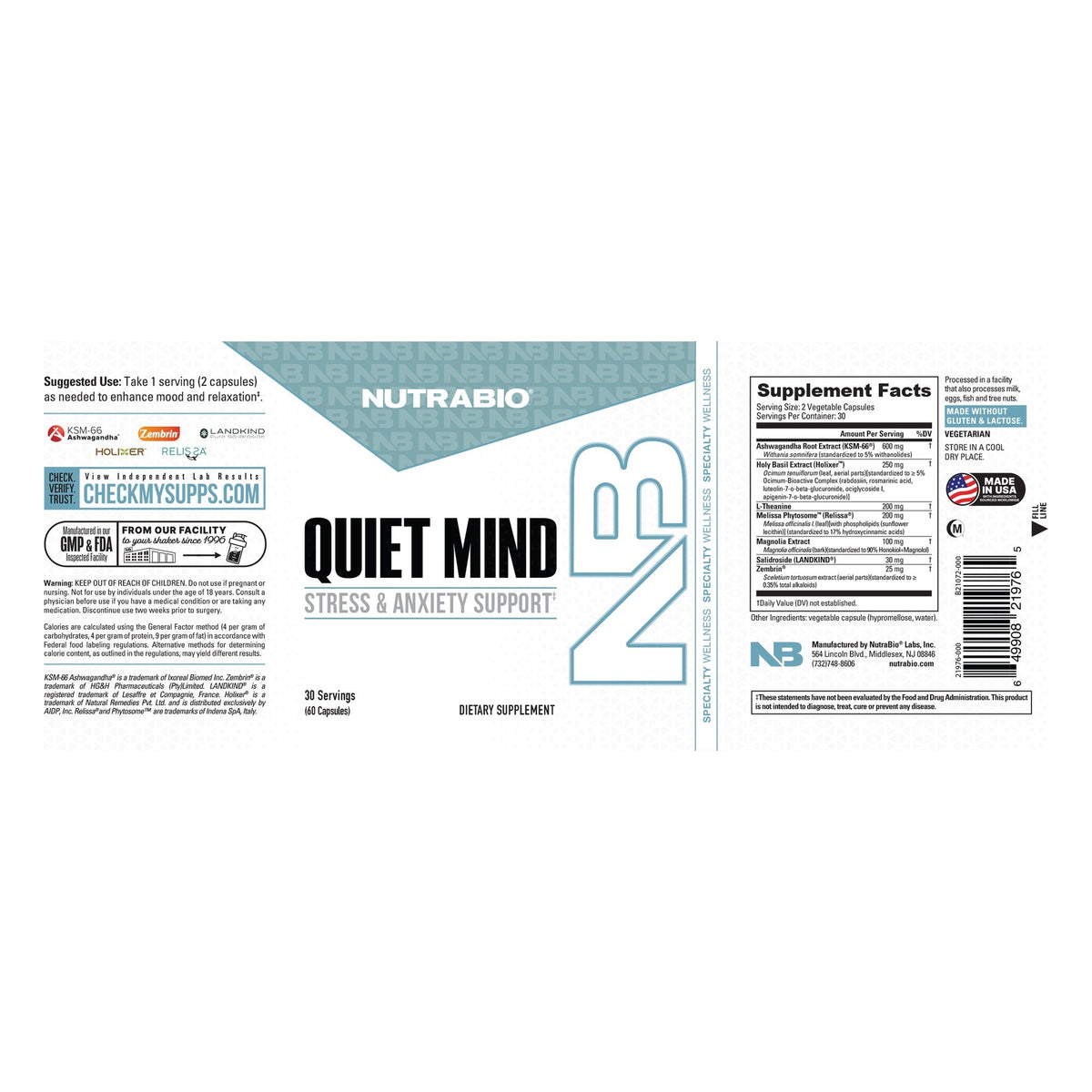 NutraBio Quiet Mind – 60 Capsules — full label with directions and warnings