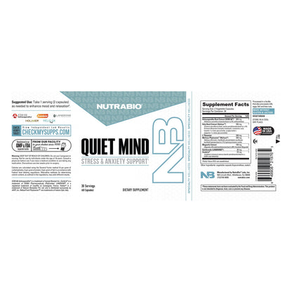 NutraBio Quiet Mind – 60 Capsules — full label with directions and warnings