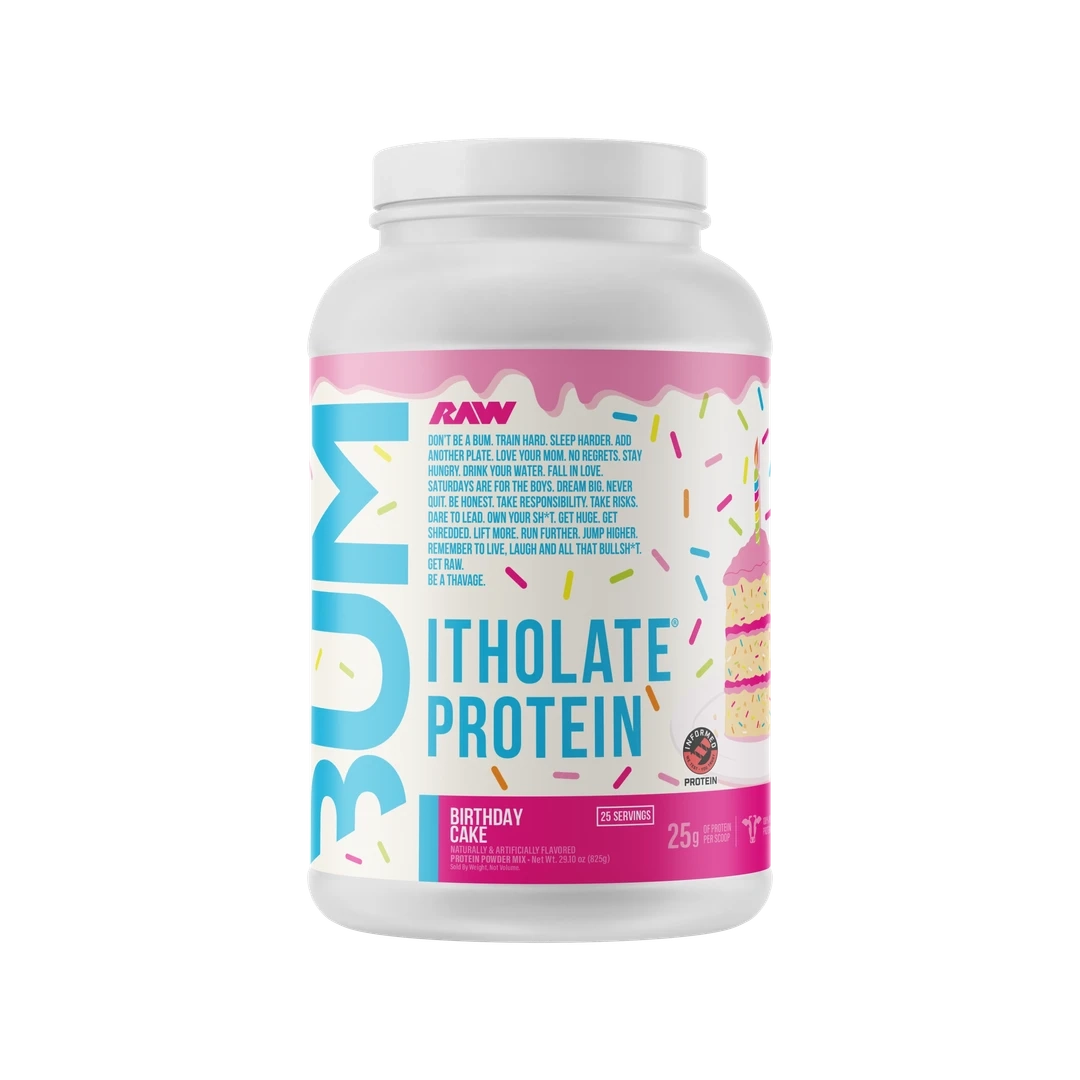 RAW CBUM Itholate Protein — Birthday Cake — tub on white background