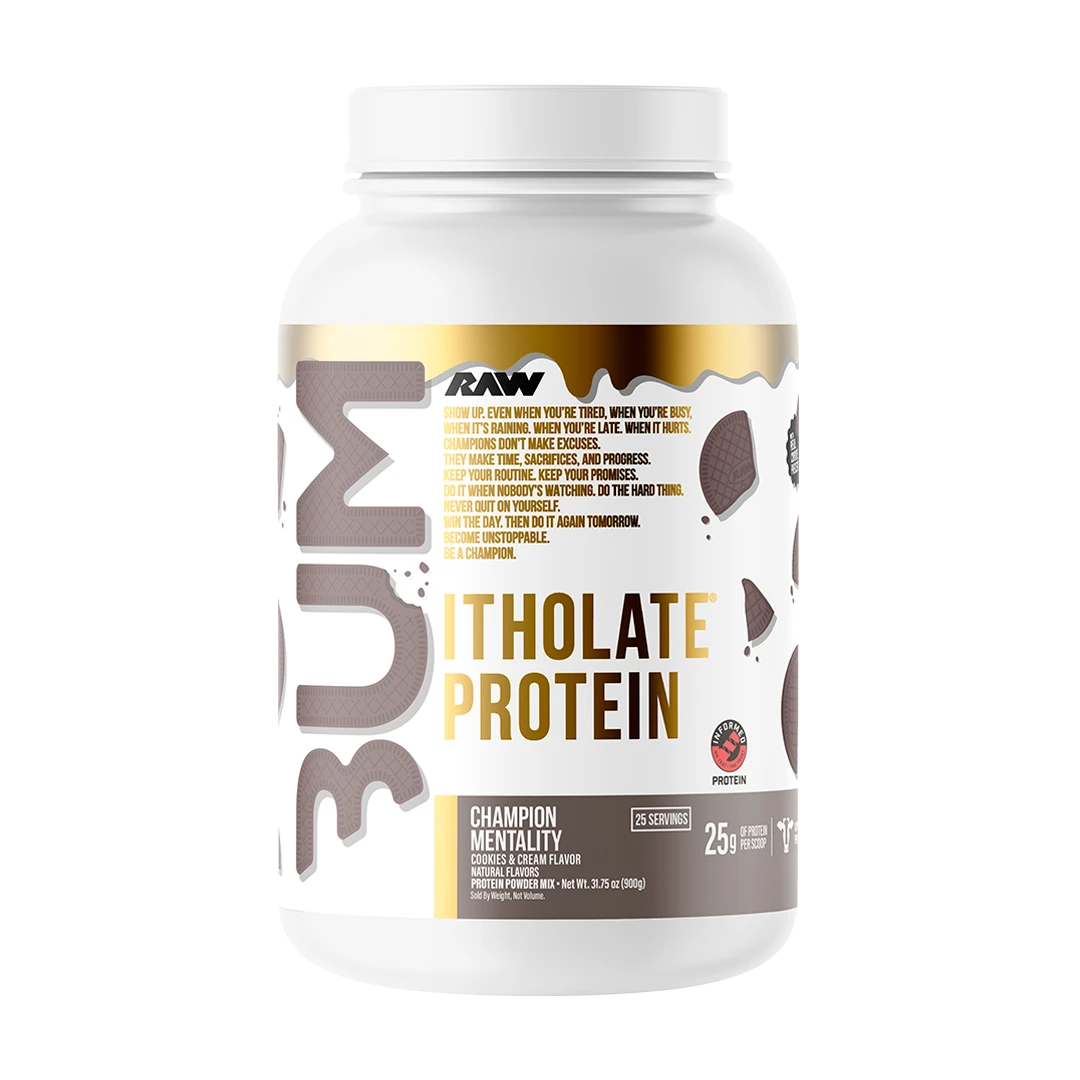 RAW CBUM Itholate Protein — Champion Mentality — tub on white background