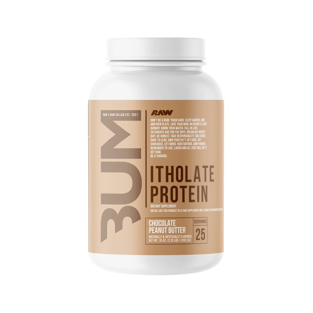 RAW CBUM Itholate Protein — Chocolate Peanut Butter — tub on white background