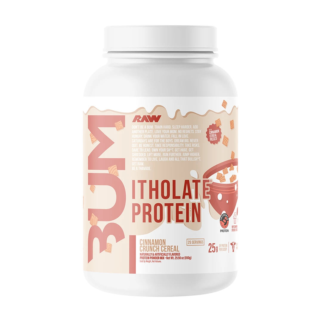 RAW CBUM Itholate Protein — Cinnamon Crunch Cereal — tub on white background