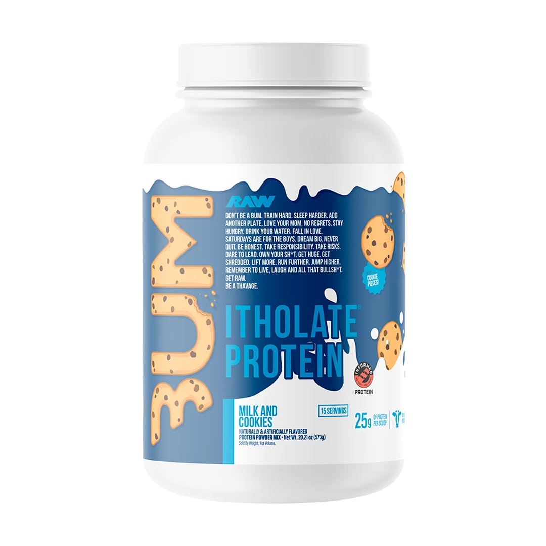 RAW CBUM Itholate Protein — Milk & Cookies — tub on white background