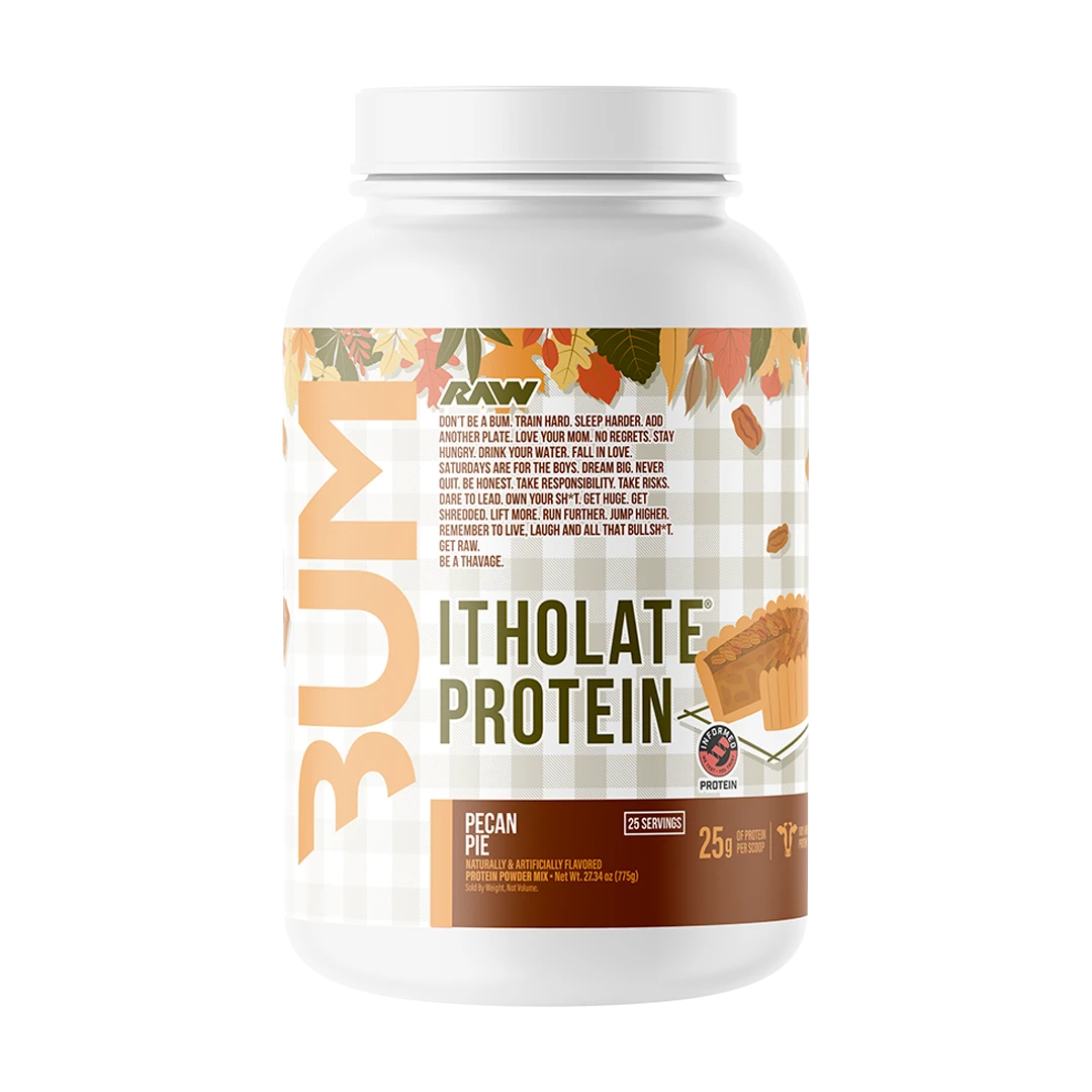 RAW CBUM Itholate Protein — Pecan Pie — tub on white background