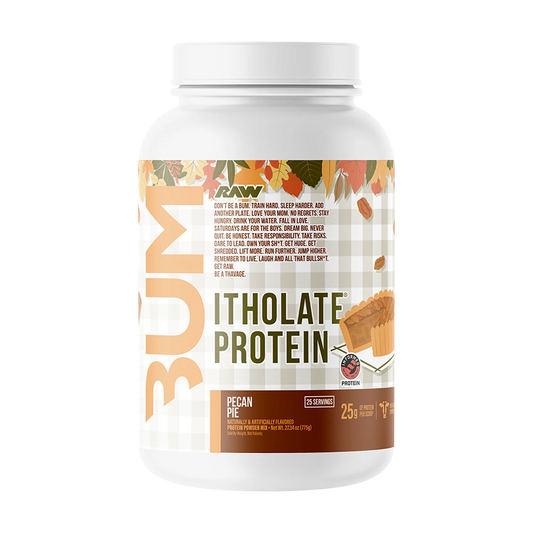 RAW CBUM Itholate Protein — Pecan Pie — tub on white background