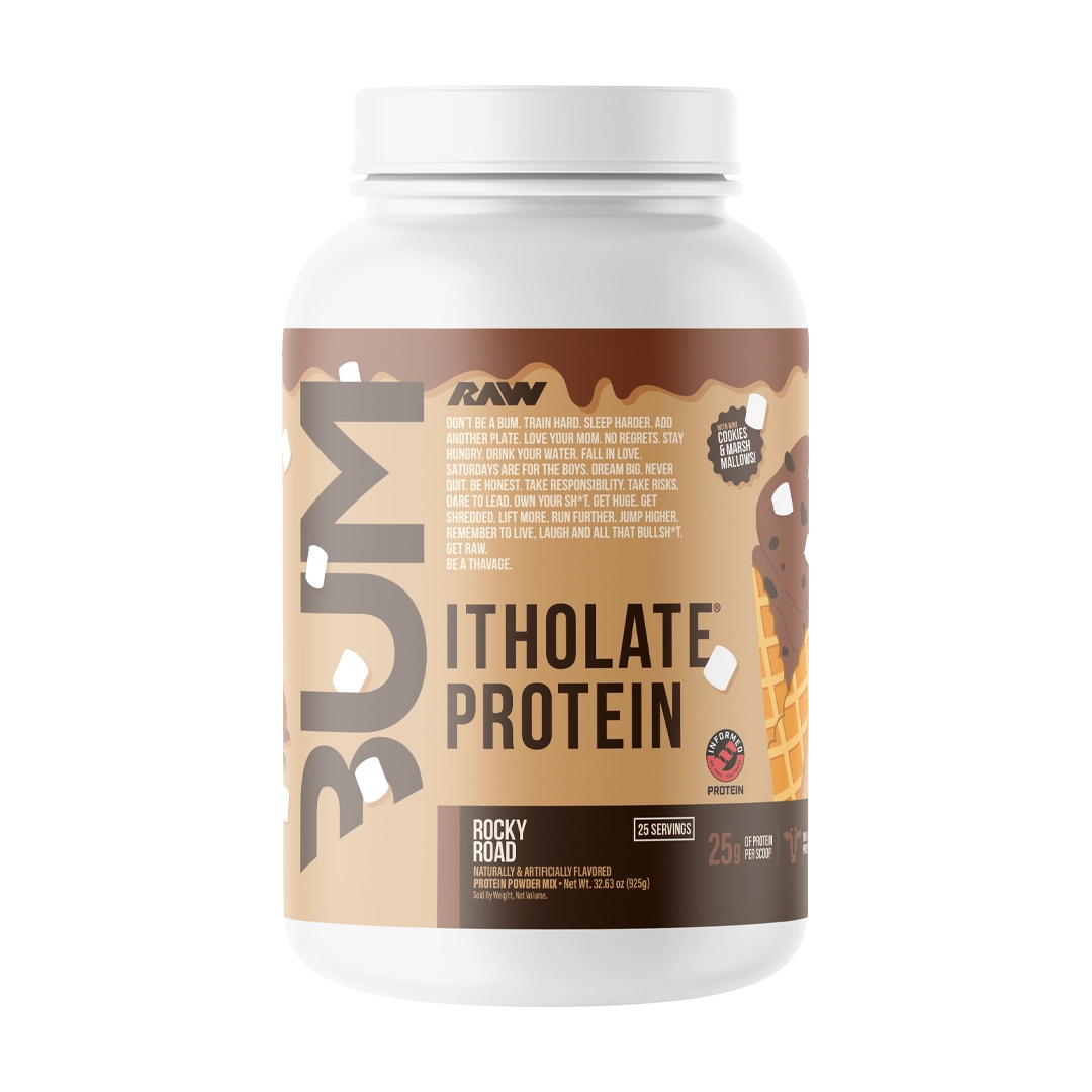 RAW CBUM Itholate Protein — Rocky Road — tub on white background