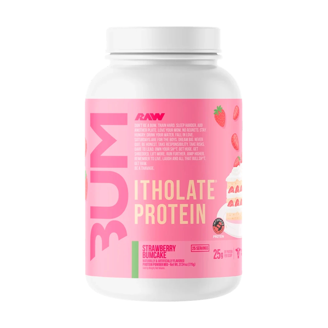 RAW CBUM Itholate Protein — Strawberry Bumcake — tub on white background