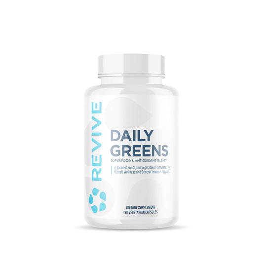 Revive Daily Greens – 180 Capsules – bottle on a white background