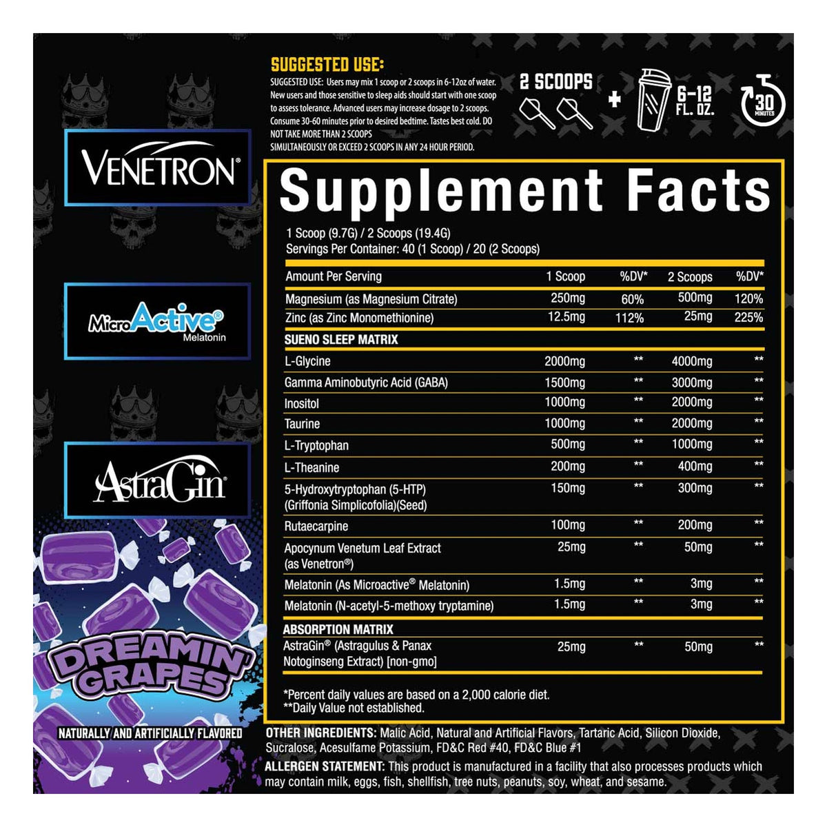 Xtremis Cartel Sueno Dreamin' Grapes Supplement Facts and directions