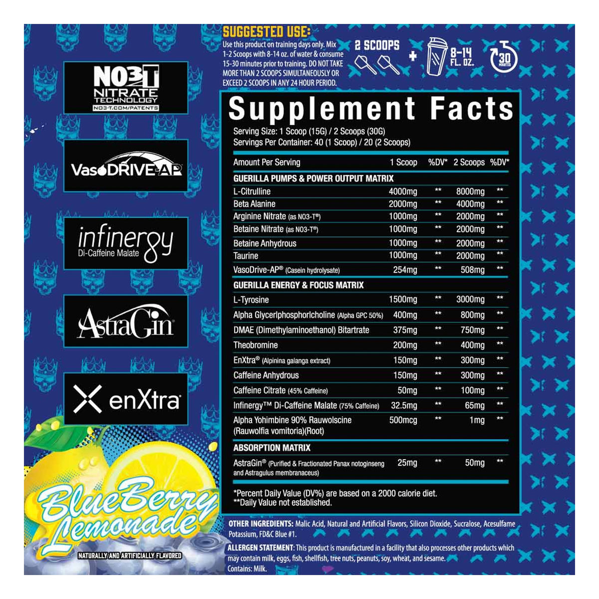 Xtremis Cartel El Jefe Guerilla Pre-Workout Blueberry Lemonade Supplement Facts