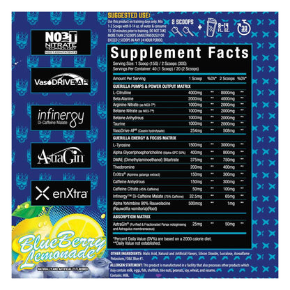 Xtremis Cartel El Jefe Guerilla Pre-Workout Blueberry Lemonade Supplement Facts