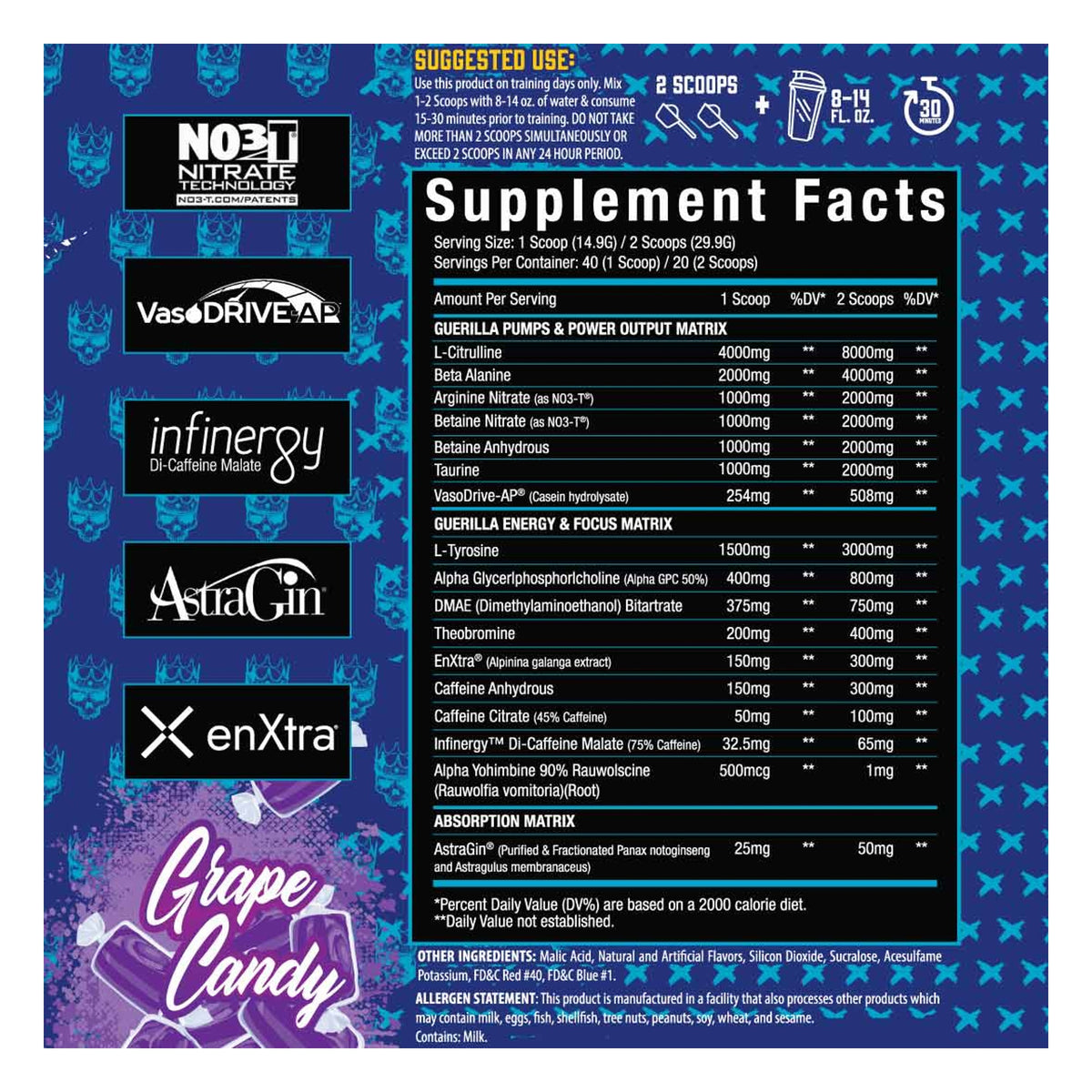 Xtremis Cartel El Jefe Guerilla Pre-Workout Grape Candy Supplement Facts