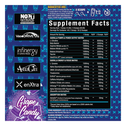 Xtremis Cartel El Jefe Guerilla Pre-Workout Grape Candy Supplement Facts