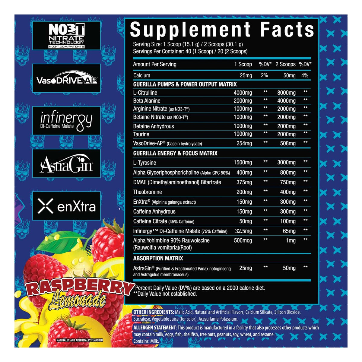 Xtremis Cartel El Jefe Guerilla Pre-Workout Raspberry Lemonade Supplement Facts