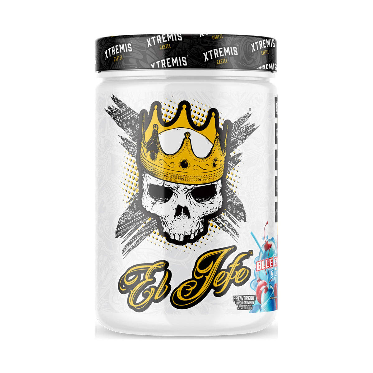 Xtremis Cartel El Jefe Pre-Workout Blue Cherry Slush on a white background