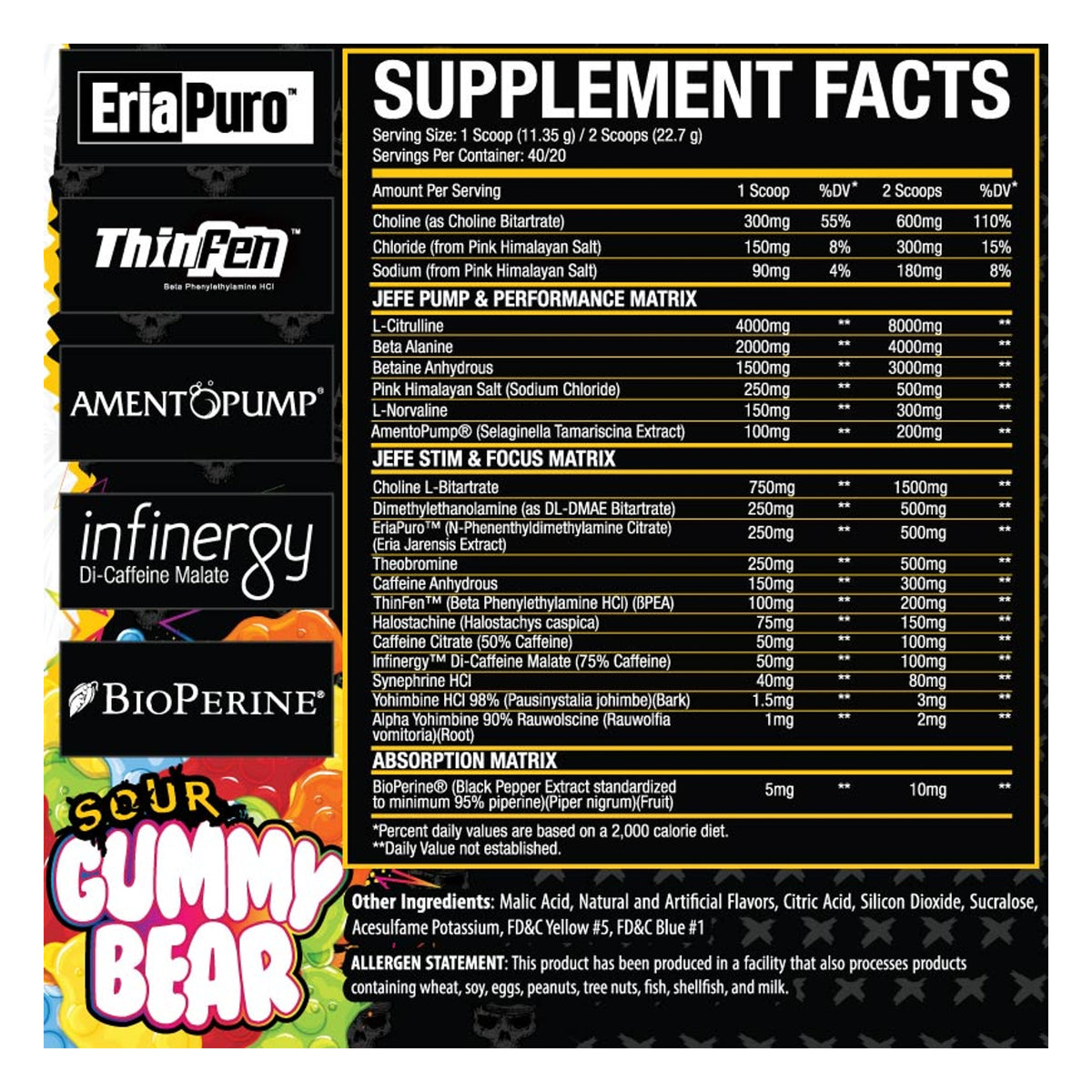 Xtremis Cartel El Jefe Pre-Workout Sour Gummy Bear Supplement Facts