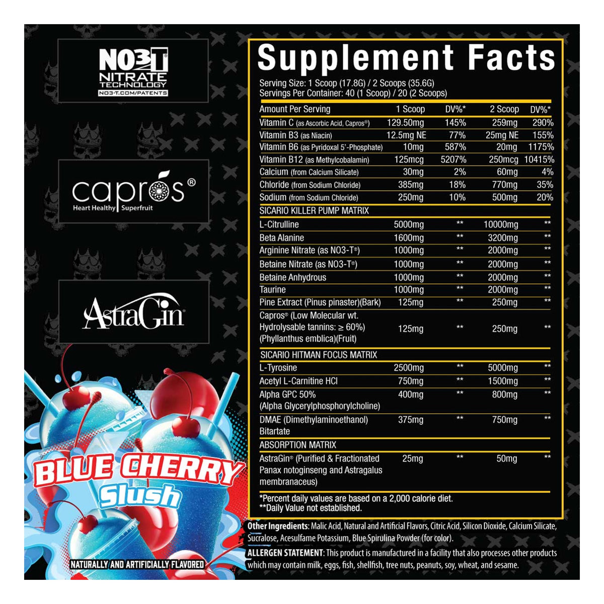 Xtremis Cartel Sicario Stim-Free Pre-Workout Blue Cherry Slushie Supplement Facts