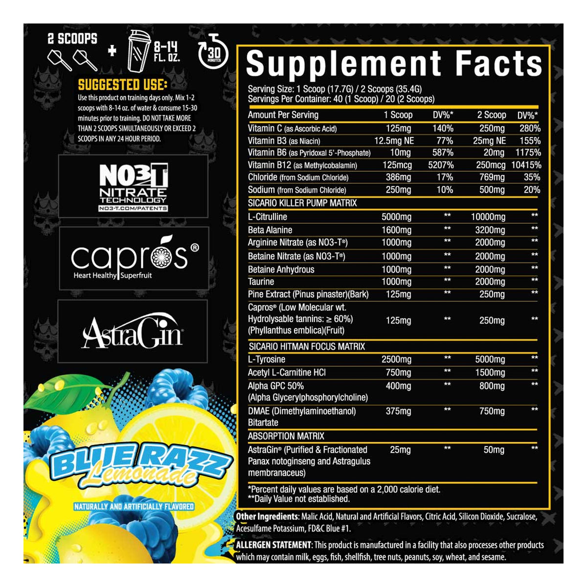 Xtremis Cartel Sicario Stim-Free Pre-Workout Blue Razz Lemonade Supplement Facts