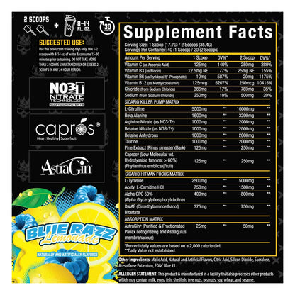 Xtremis Cartel Sicario Stim-Free Pre-Workout Blue Razz Lemonade Supplement Facts