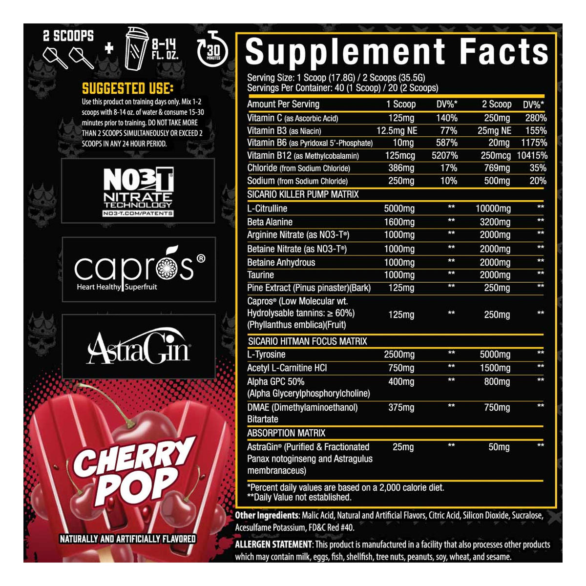 Xtremis Cartel Sicario Stim-Free Pre-Workout Cherry Pop Supplement Facts