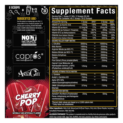 Xtremis Cartel Sicario Stim-Free Pre-Workout Cherry Pop Supplement Facts